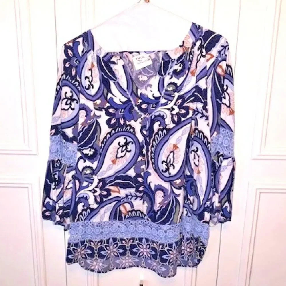 Crown &‎ Ivy Blue/white paisley Crochet Peasant Blouse 1X